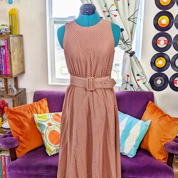 Pretty Woman Polka Dot Dress Vintage 1980s Wide Belt Swing Retro Brown & White - Picture 7 of 8